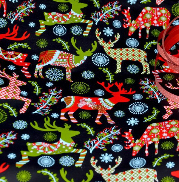 Papier cadeau Noel Rennes Rouge noir Rouleaux comptoir 70 100 50CM 250M
