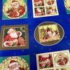 Papier Cadeau Noël Rétro Vintage bleu cadres dorés feuilles 70cm