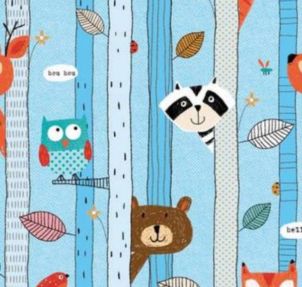 Children gift wrapping paper blue forest animals bear birds owl 70cm x 100m counter rolls