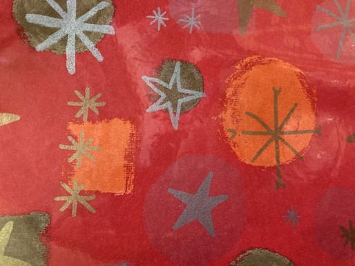 Papier Cadeau Noël Rouge orangé boules étoiles doré mat argent mat feuilles 70cm