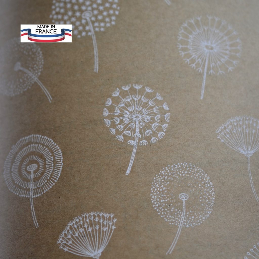 Rouleau / Bobine papier emballage cadeau kraft lisse pissenlits fleurs blanches 70cm Fabriqué en France recyclable compostable blanc mif 70cm