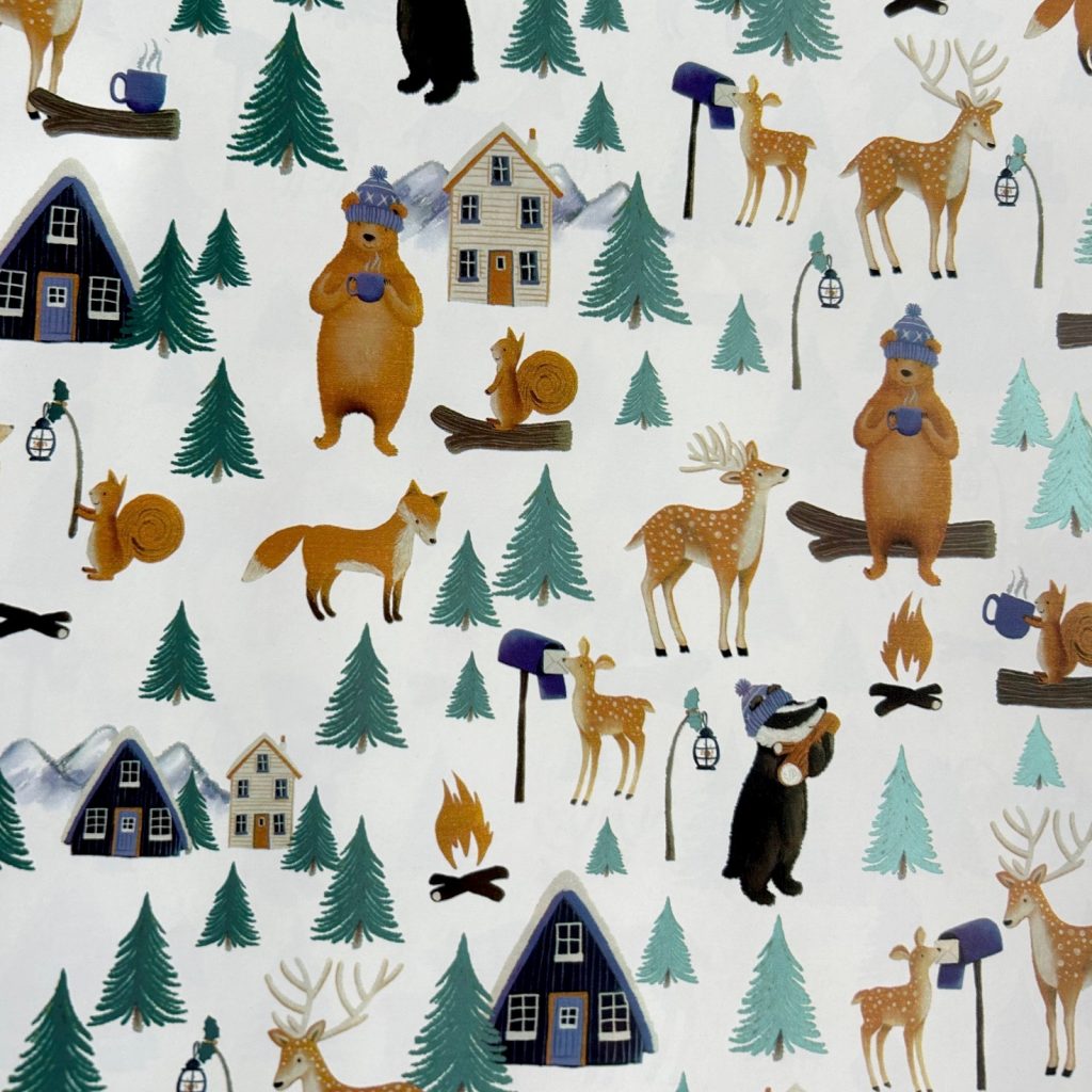 Papier cadeau Noël blanc Ours brun forêt biche écureuil FSC Recyclable Italie