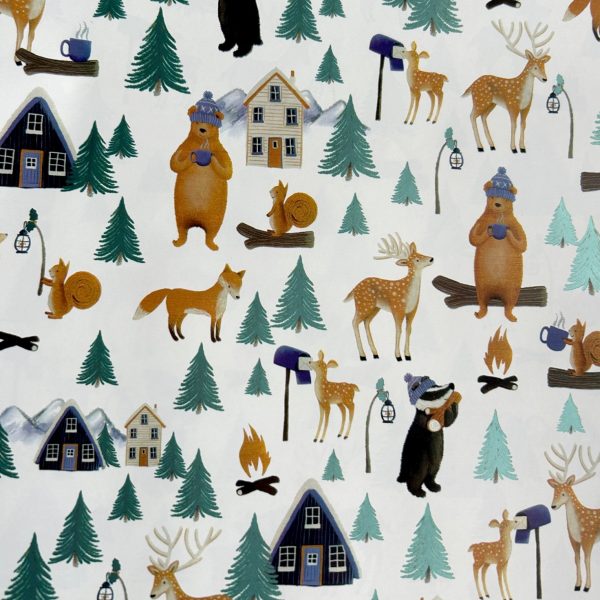 Papier cadeau Noël blanc Ours brun forêt biche écureuil FSC Recyclable Italie
