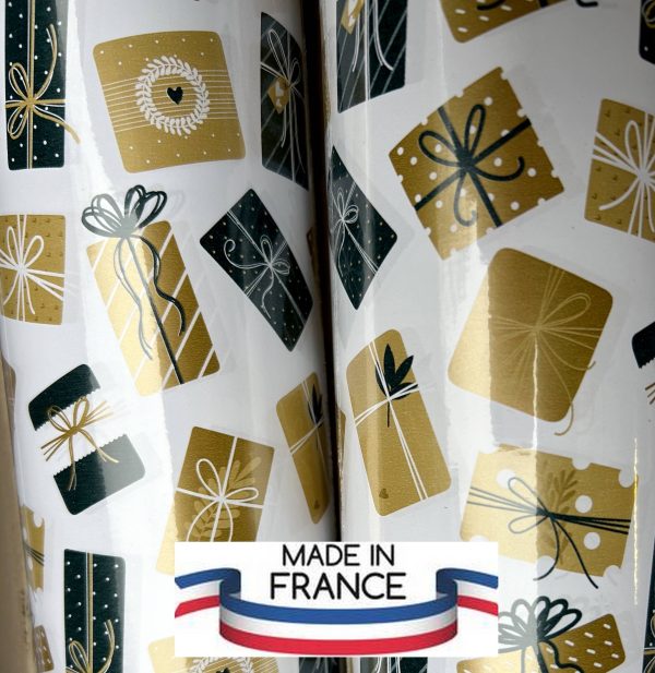 Papier cadeau 70cm x 50m paquets cadeaux noir et or sur fond blanc Fabriqué en France