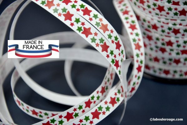 France ! Ruban bolduc blanc mat étoiles rouge et vertes Bobine Rouleau 10mm Recyclable