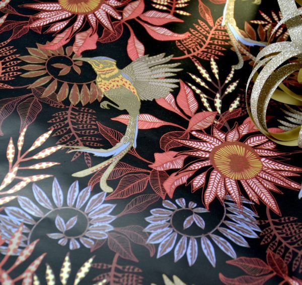 Rouleau / Bobine papier fleurs ROUGE ROUILLE ciel doré mat 70*100 Fabriqué en Italie comptoir