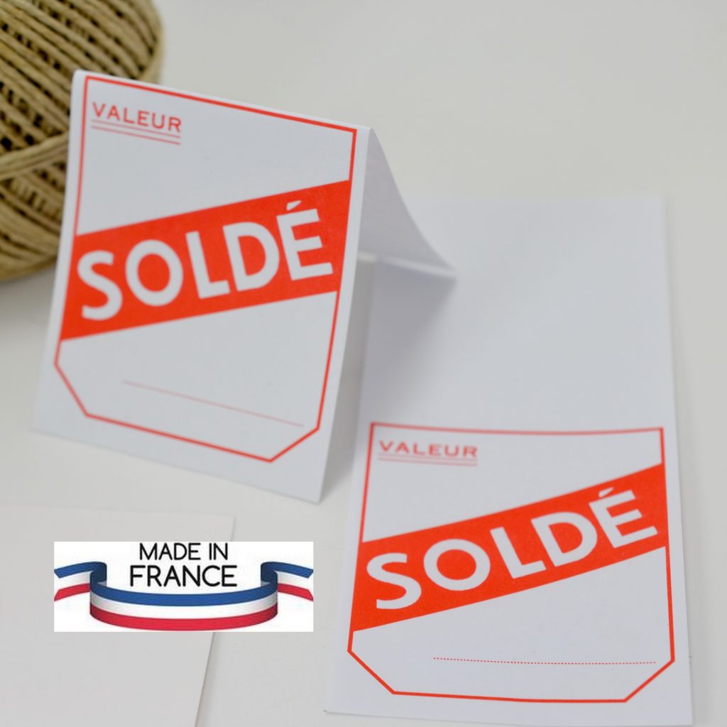 Etiquettes textile "SOLDES" rouge et blanc pour Soldes, Promotions, Fin de série, etc. pour Commerces et Boutiques Fabriqué en France Recyclable