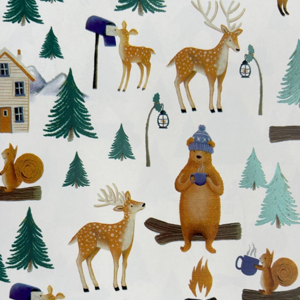 Papier cadeau Noël blanc Ours brun forêt biche écureuil FSC Recyclable Italie