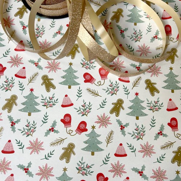 Papier Cadeau Noël pain d’épices, moufles, bonnets, sapins 70cm 50Cm FSC Recyclable Europe
