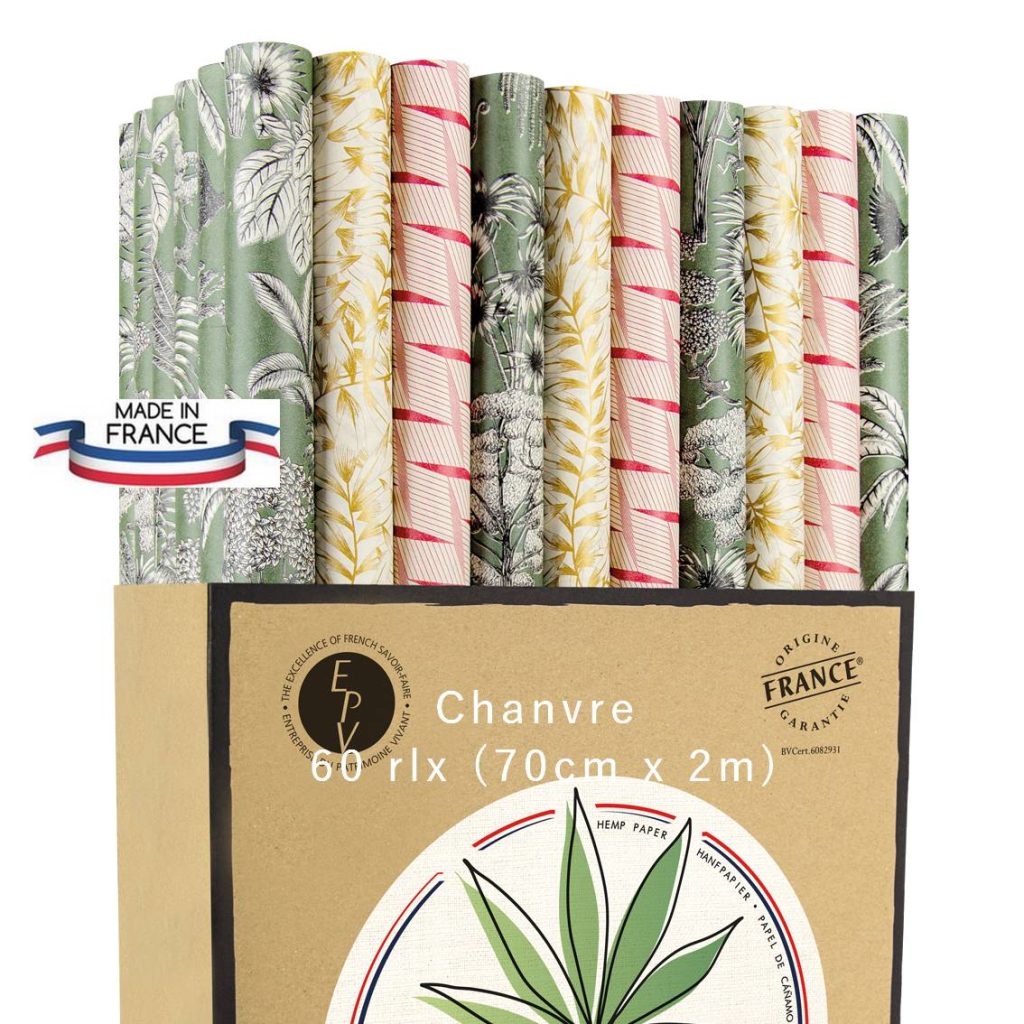 60 petits rouleaux (consumer rolls) 70cm x 2m Motifs jungle panoramique, saules et géométriques Fabriqué France recyclable
